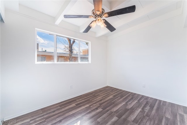 empty room with dark hardwood / wood-style flooring, ceiling fan, and beamed ceiling