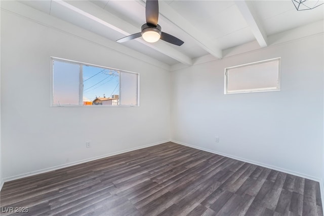 empty room featuring dark wood-type flooring, vaulted ceiling with beams, and ceiling fan