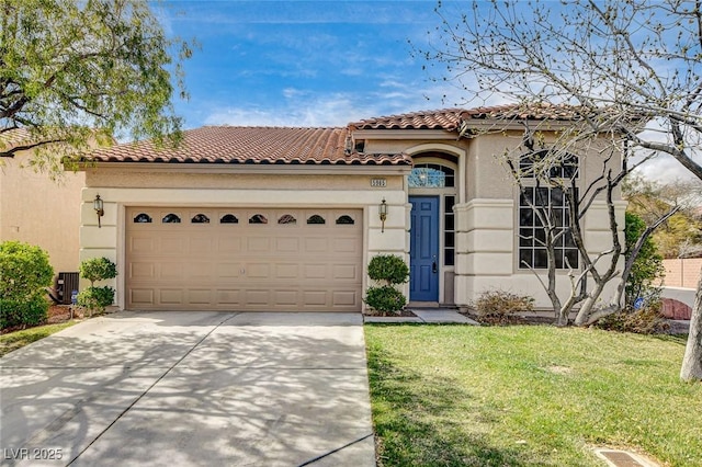 mediterranean / spanish home featuring a tile roof, concrete driveway, central AC, stucco siding, and an attached garage