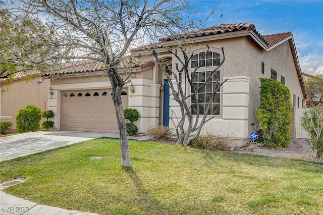 mediterranean / spanish house featuring stucco siding, concrete driveway, an attached garage, a front yard, and a tiled roof