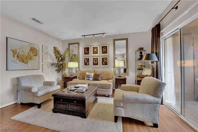 living room with rail lighting and light hardwood / wood-style flooring