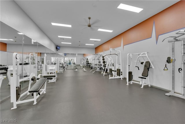 workout area with ceiling fan