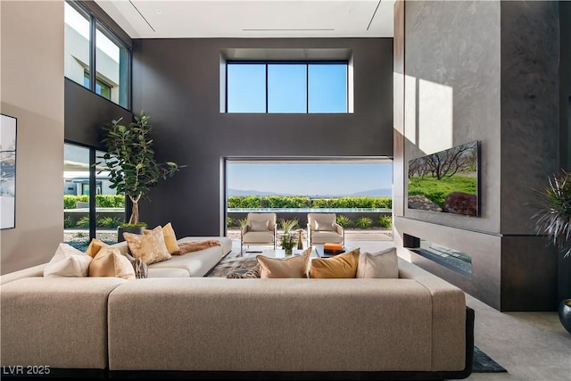 living room featuring a high ceiling