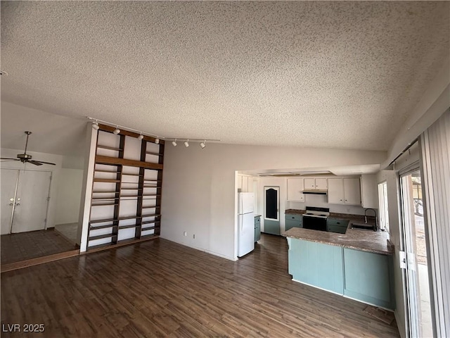 kitchen with open floor plan, freestanding refrigerator, electric stove, dark wood-style floors, and a sink