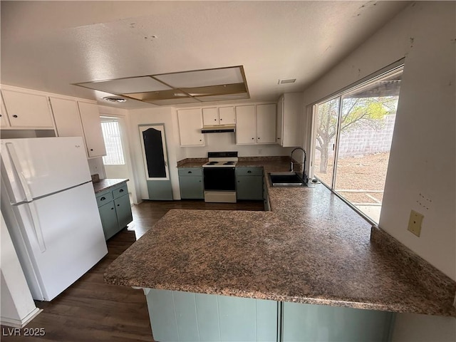 kitchen with range with electric cooktop, a sink, under cabinet range hood, freestanding refrigerator, and a peninsula