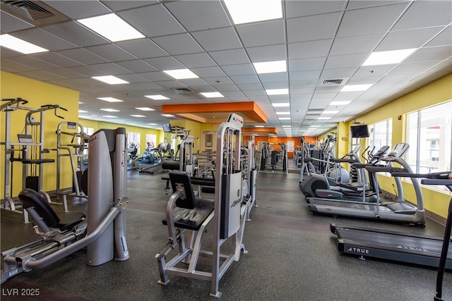 gym with a paneled ceiling