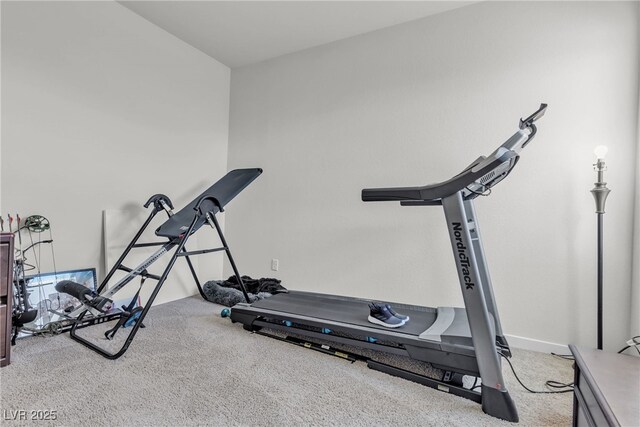 exercise room featuring light carpet