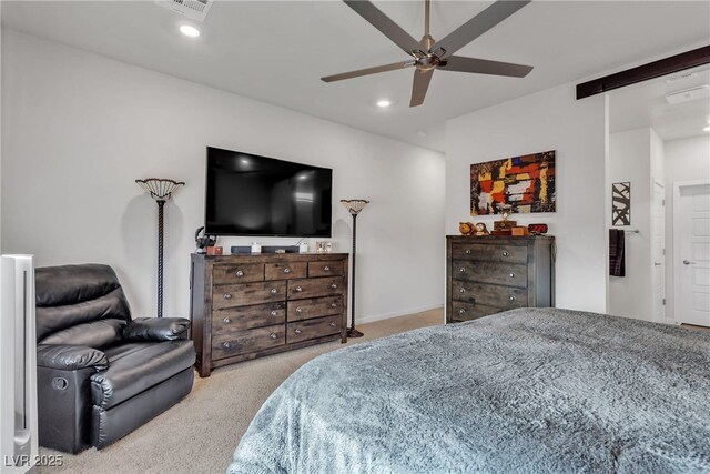 bedroom featuring ceiling fan and light carpet