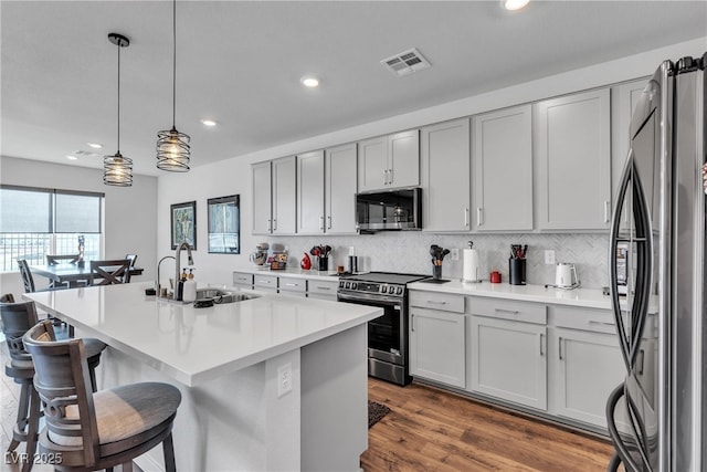 kitchen with sink, a center island with sink, appliances with stainless steel finishes, pendant lighting, and backsplash