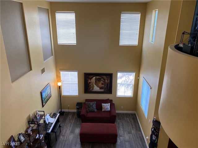 living room with dark hardwood / wood-style flooring and a high ceiling