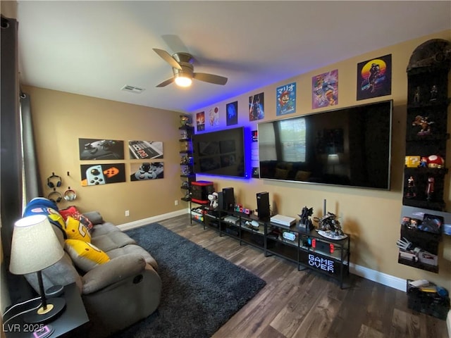 living room with hardwood / wood-style floors and ceiling fan