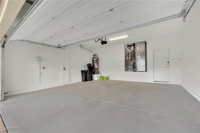 garage featuring strapped water heater, heating unit, and a garage door opener