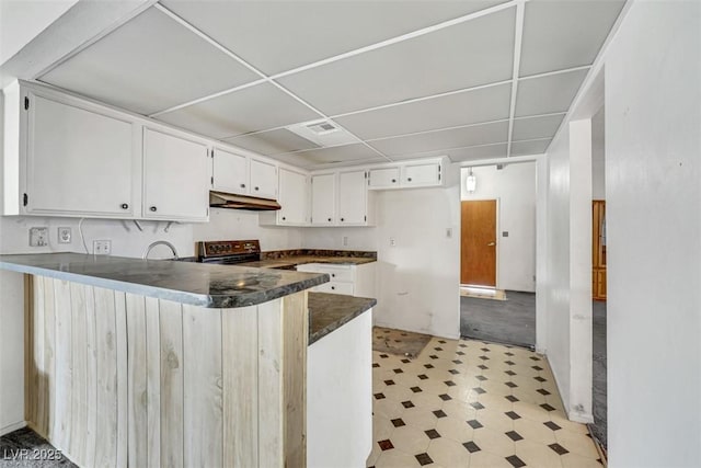 kitchen featuring white cabinetry, range with electric stovetop, a paneled ceiling, and kitchen peninsula