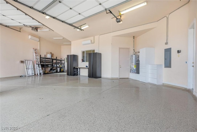 garage with a wall unit AC, a garage door opener, electric panel, and water heater