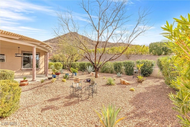 view of yard with a mountain view and a patio