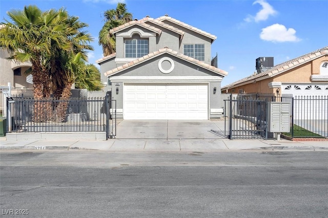 view of property with a garage and central air condition unit