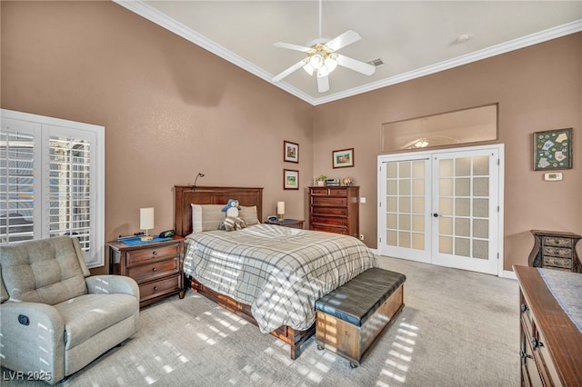 carpeted bedroom with french doors, ceiling fan, access to exterior, and ornamental molding