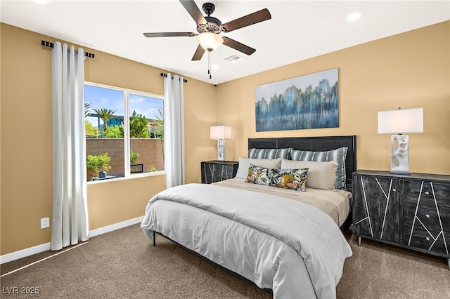 bedroom with ceiling fan and carpet flooring