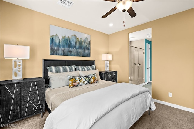 bedroom featuring ceiling fan and carpet