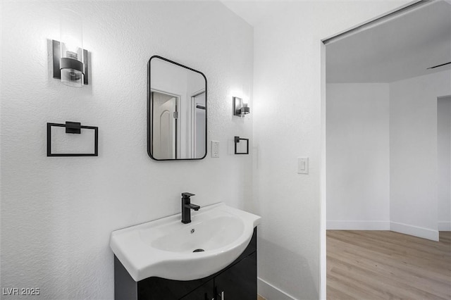 bathroom featuring vanity and wood-type flooring