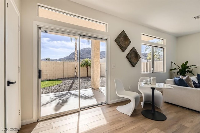 entryway featuring a mountain view and light hardwood / wood-style floors