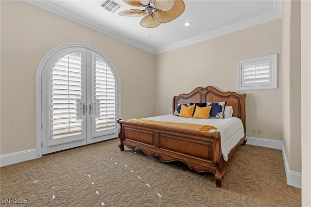 carpeted bedroom featuring crown molding, access to outside, and ceiling fan