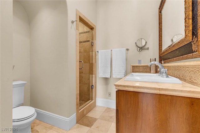 bathroom featuring vanity, tile patterned flooring, a shower with shower door, and toilet