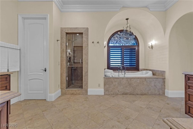 bathroom featuring vanity, separate shower and tub, and crown molding