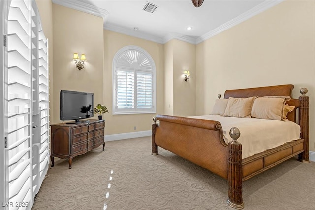 bedroom featuring light carpet and crown molding