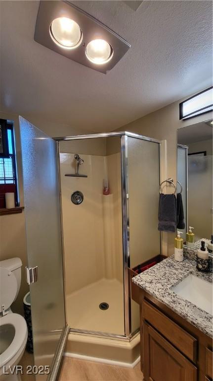 bathroom featuring vanity, a shower with shower door, toilet, and a textured ceiling