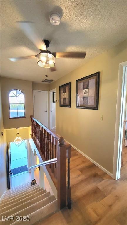 stairs with hardwood / wood-style flooring and a textured ceiling