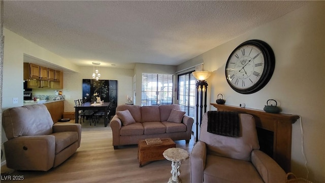 living room featuring a textured ceiling and light hardwood / wood-style flooring