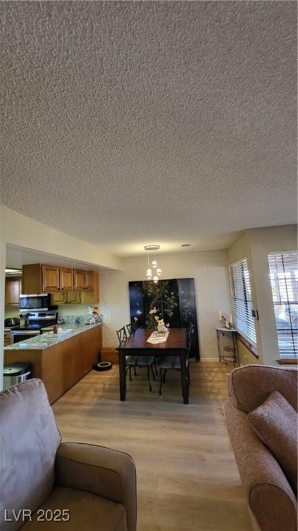 dining space featuring an inviting chandelier, light hardwood / wood-style flooring, and a textured ceiling