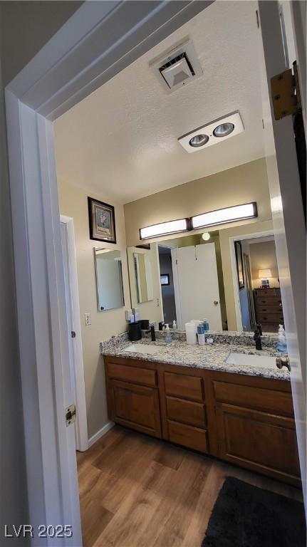 bathroom with vanity and wood-type flooring