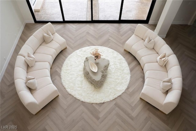 living room featuring parquet floors