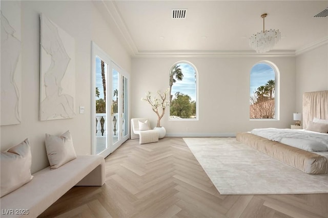 bedroom with crown molding, light parquet flooring, and multiple windows