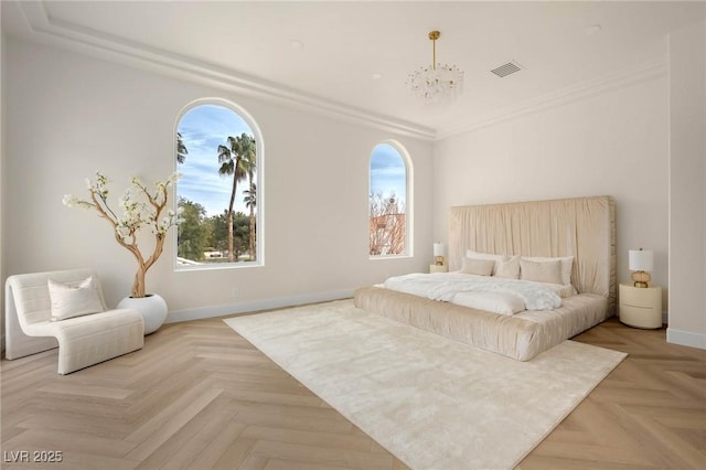 74 Innisbrook Ave, Las Vegas, NV 89113 - bedroom featuring baseboards, ornamental molding, multiple windows, and visible vents