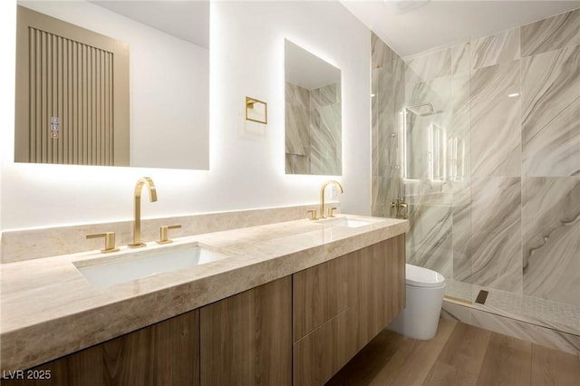 74 Innisbrook Ave, Las Vegas, NV 89113 - full bath featuring toilet, a marble finish shower, a sink, and double vanity