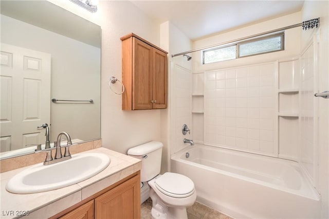 full bathroom with toilet, bathtub / shower combination, and vanity