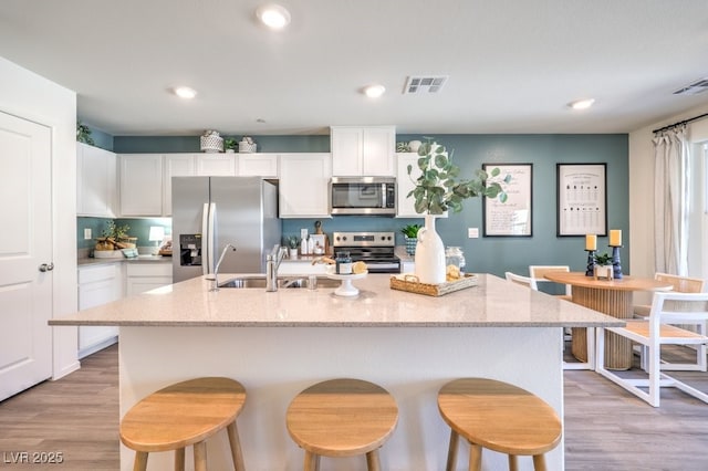 kitchen with appliances with stainless steel finishes, a kitchen island with sink, sink, and white cabinets