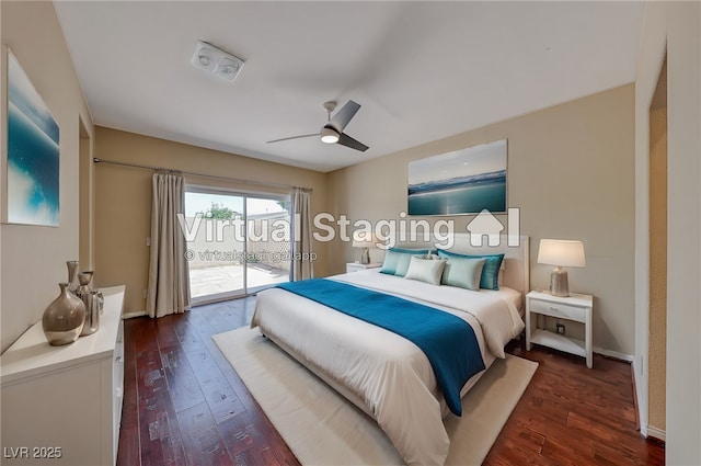 bedroom with access to exterior, ceiling fan, baseboards, and dark wood-type flooring