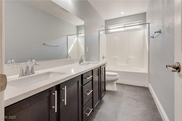 full bathroom with shower / bathtub combination, vanity, toilet, and tile patterned flooring