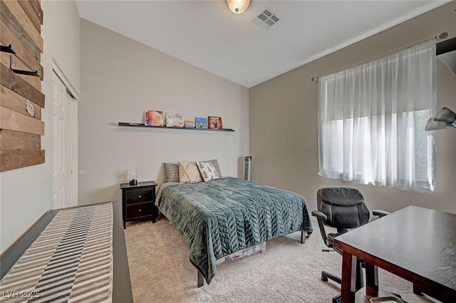 carpeted bedroom featuring lofted ceiling