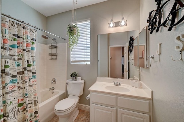 full bathroom with tile patterned floors, vanity, toilet, and shower / bath combo with shower curtain