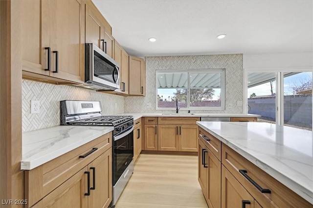 kitchen featuring stainless steel appliances, light stone countertops, sink, and decorative backsplash