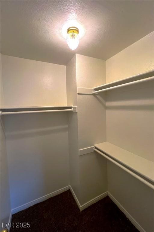 walk in closet featuring dark colored carpet