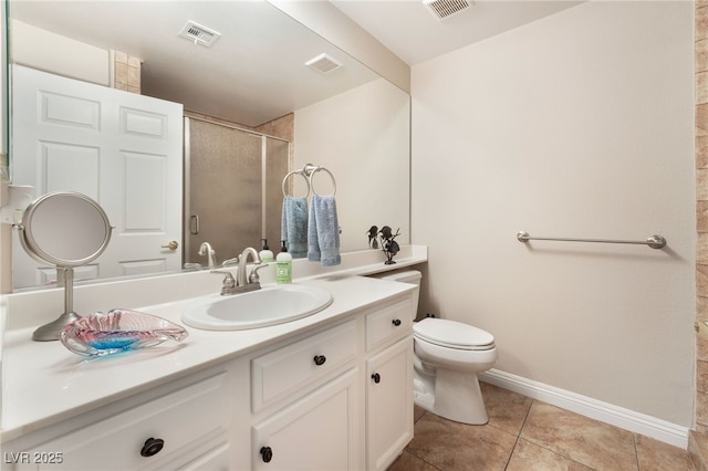 bathroom featuring tile patterned floors, toilet, an enclosed shower, and vanity