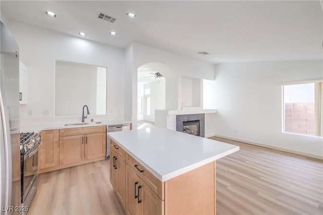 kitchen with sink, a tile fireplace, appliances with stainless steel finishes, a center island, and light wood-type flooring