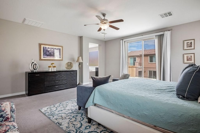 bedroom featuring carpet, access to exterior, and ceiling fan