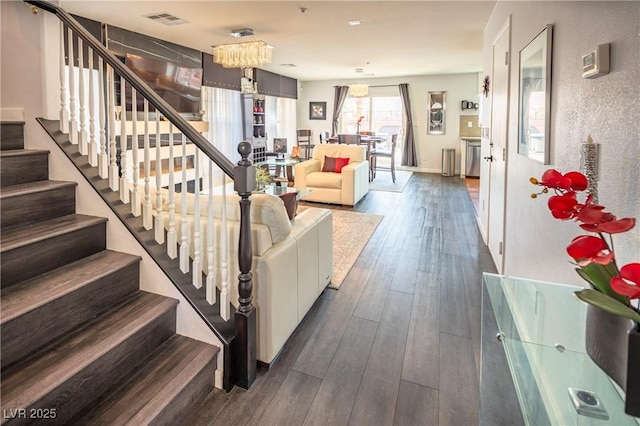 living room with dark wood-type flooring